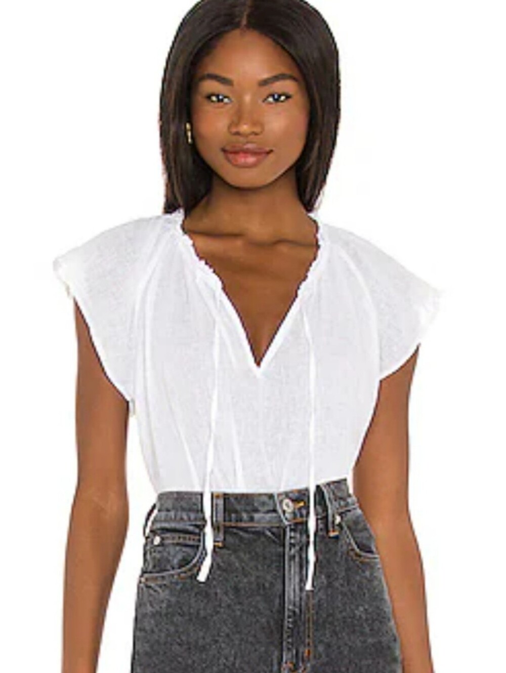 Rails Raven White Linen Blend Boho Peasant Blouse Ruffle V-Neck Tie Sz XL